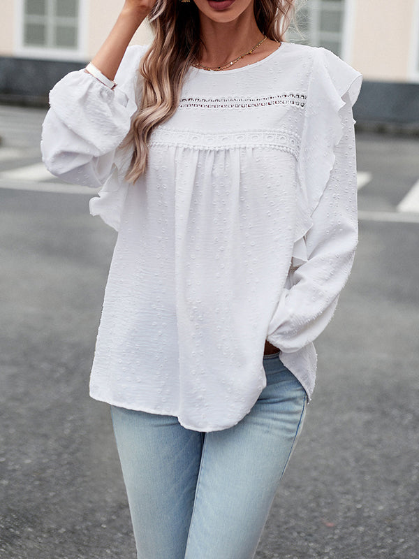 Loose Puff Sleeves Hollow Jacquard Solid Color Split-Joint Round-Neck T-Shirts