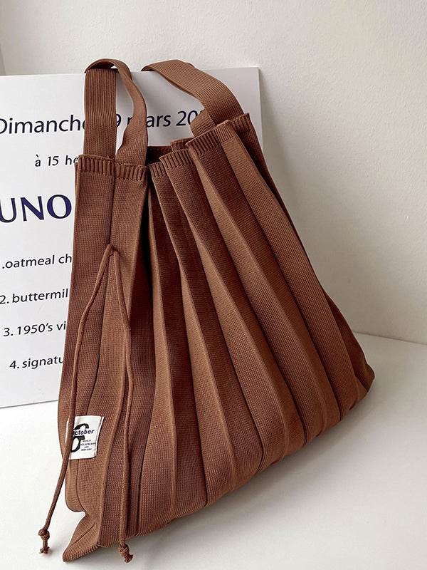 Pleated Solid Color Woven Handbag