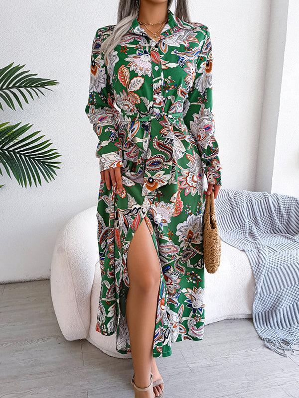 Long Sleeves Buttoned Flower Print Tied Waist Lapel Maxi Dresses