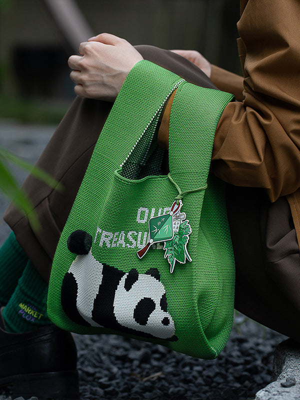 Panda-Patterned Woven Handbag Bags