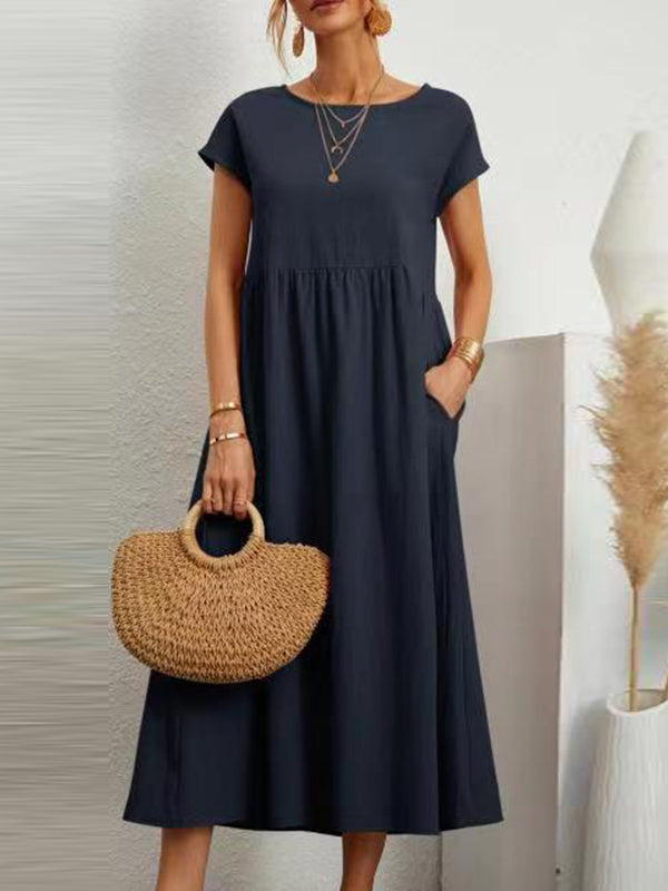 Loose Short Sleeves Pleated Solid Color Round-Neck Midi Dresses