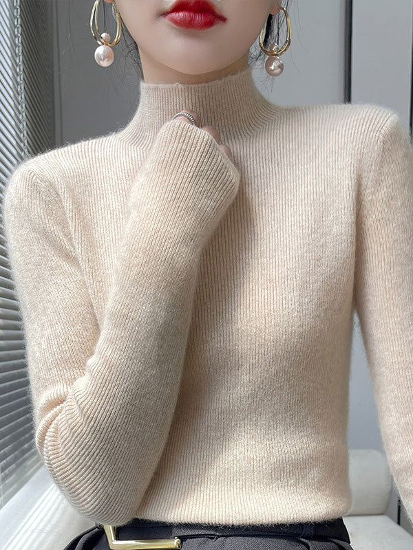 Casual Skinny Long Sleeves Solid Color Half Turtleneck Sweater Tops