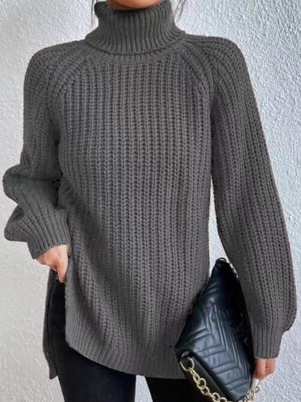 Long Sleeves Loose Solid Color Split-Side High Neck Pullovers Sweater Tops