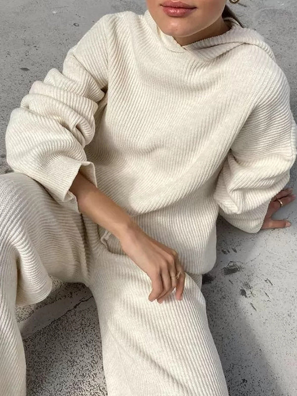 Loose Solid Color Round-Neck Hooded Long Sleeves Sweater Top + Drawstring Pants Bottom Two Pieces Set