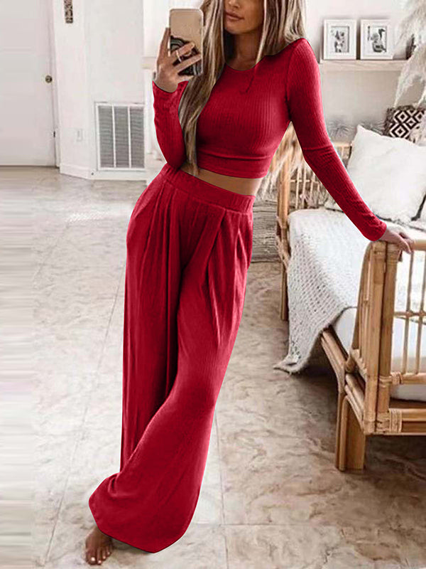 Plus Size Solid Color Round-Neck Long Sleeves Shirts Top + Pants Bottom Two Pieces Set