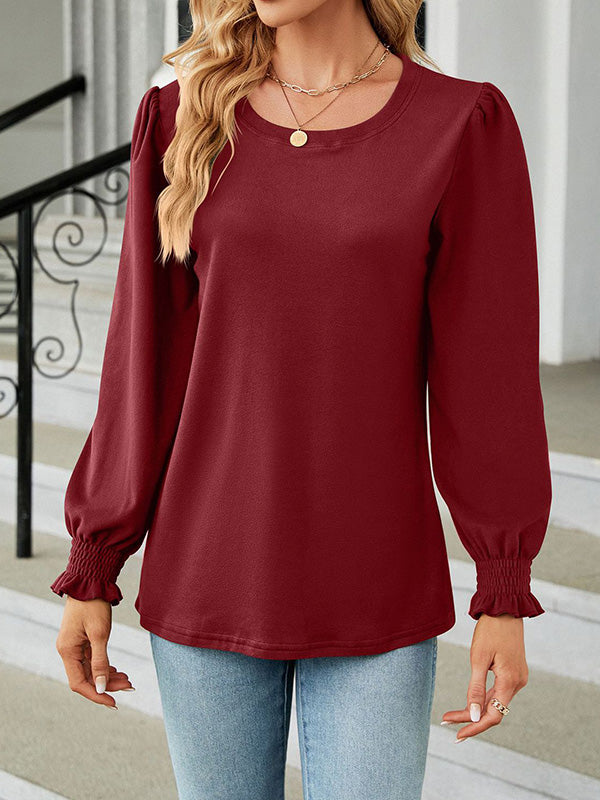 Long Sleeves Loose Elasticity Solid Color Round-Neck T-Shirts Tops