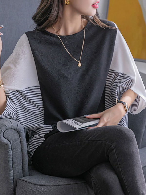 Batwing Sleeves Loose Contrast Color Split-Joint Round-Neck T-Shirts Tops