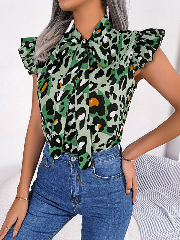 Cap Sleeve Loose Leopard Statement Collar Vest Top