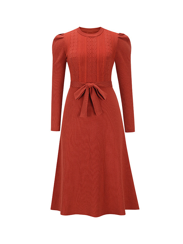 High Waisted Long Sleeves Solid Color Tied Waist Round-Neck Midi Dresses Sweater Dresses