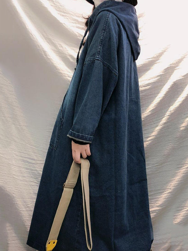 Vintage Loose Denim Drawstring Hooded Midi Dress