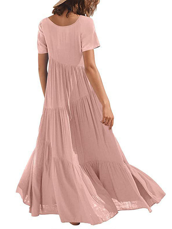 Casual Short Sleeves Loose Solid Color Round-Neck Maxi Dresses