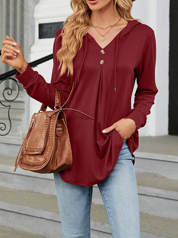 Long Sleeves Loose Buttoned Drawstring Hooded Solid Color V-Neck T-Shirts Tops