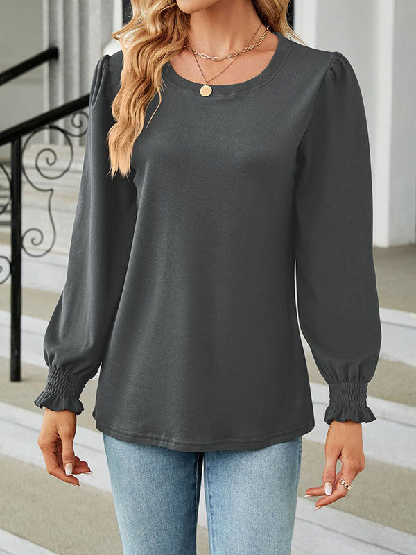 Long Sleeves Loose Elasticity Solid Color Round-Neck T-Shirts Tops