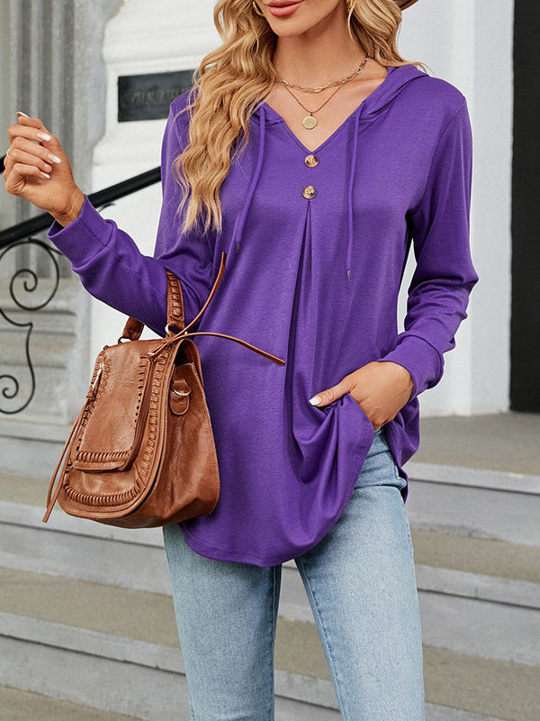 Long Sleeves Loose Buttoned Drawstring Hooded Solid Color V-Neck T-Shirts Tops