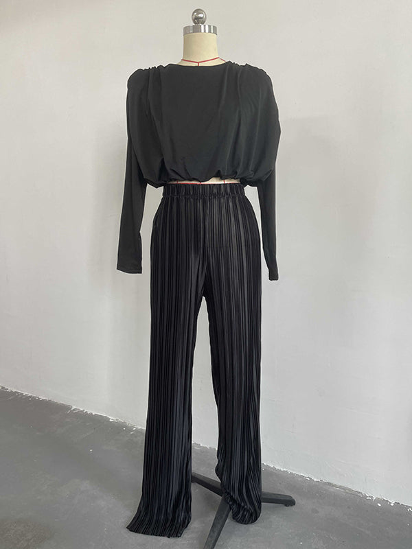 Long Sleeves Elasticity Pleated Solid Color Round-Neck Shirts Top + High Waisted Pants Bottom Two Pieces Set