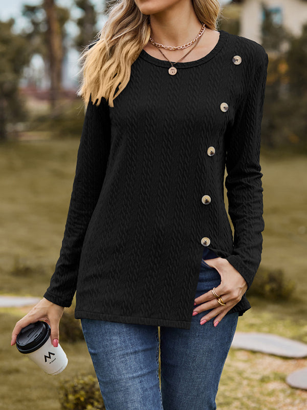 Long Sleeves Loose Buttoned Split-Front Round-Neck T-Shirts Tops