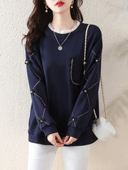 Long Sleeves Loose Chains Pockets Ruffled Split-Joint Three-Dimensional Flower Round-Neck T-Shirts Tops