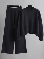 Urban Loose Long Sleeves Solid Color Round-Neck High-Low Sweater Tops & Wide Leg Pants Suits