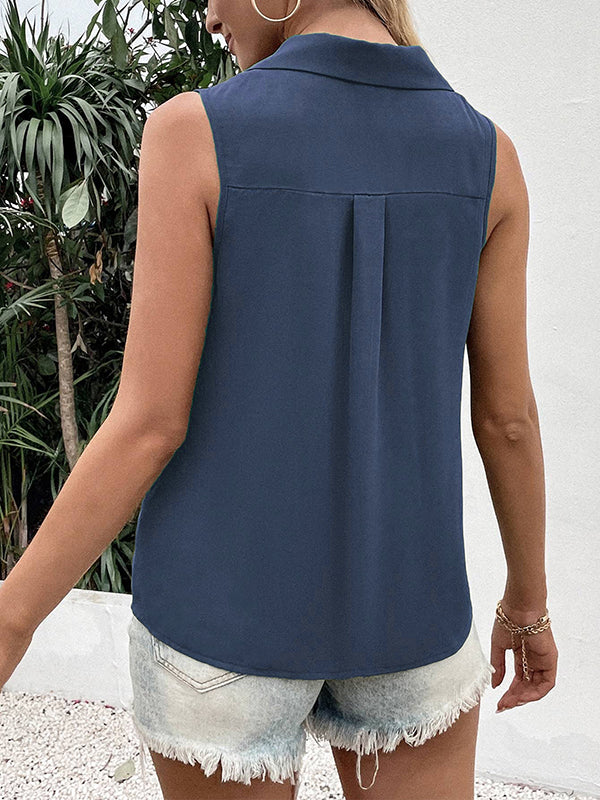 Loose Sleeveless Buttoned Solid Color Split-Joint V-Neck Vest Top