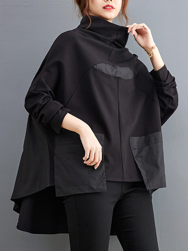 Casual Loose Split-Joint High-Neck Long Batwing Sleeves T-Shirt