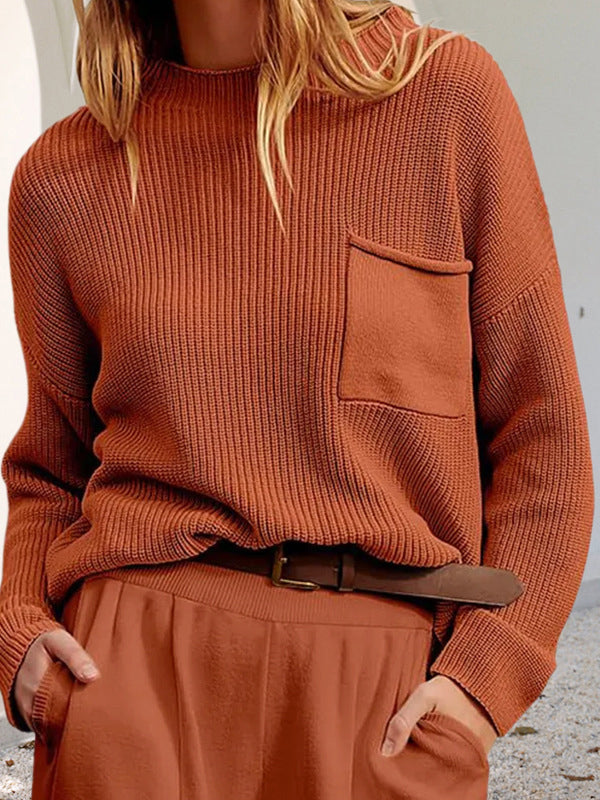 Long Sleeves Loose Pockets Solid Color Round-Neck Knitwear Pullovers Sweater Tops