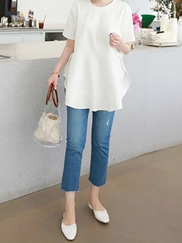 Casual Loose Split-Side Falbala Round-Neck T-Shirts Tops