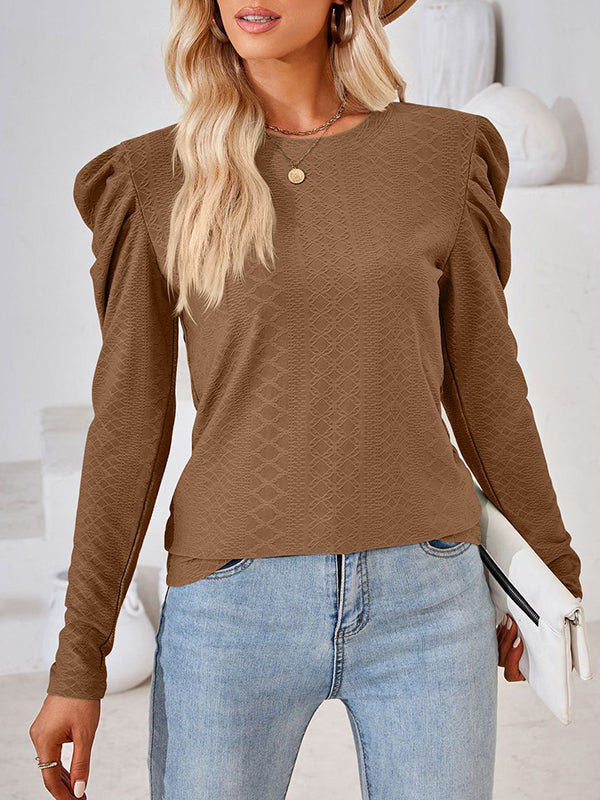 Long Sleeves Loose Pleated Solid Color Round-Neck T-Shirts Tops