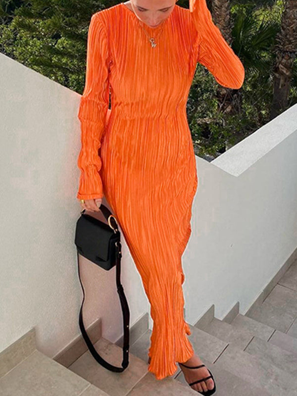 Long Sleeves Skinny Pleated Solid Color Split-Joint Round-Neck Maxi Dresses