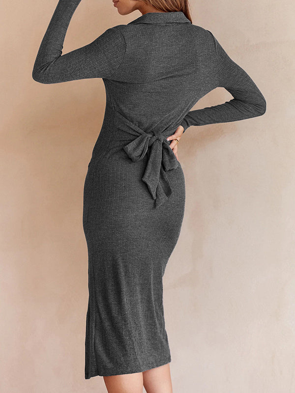 High Waisted Long Sleeves Buttoned Solid Color Split-Side Tied Waist Lapel Midi Dresses