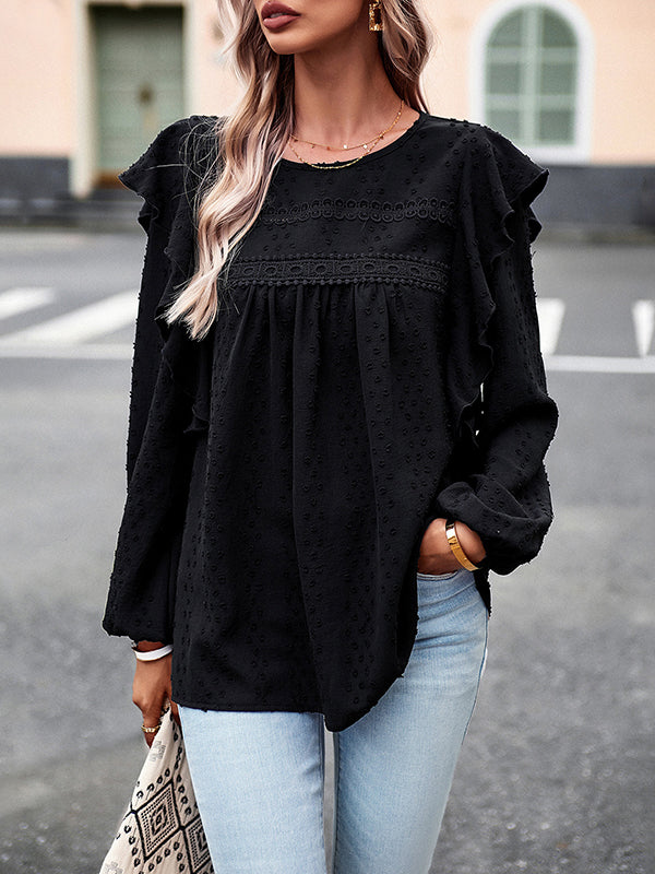 Loose Puff Sleeves Hollow Jacquard Solid Color Split-Joint Round-Neck T-Shirts