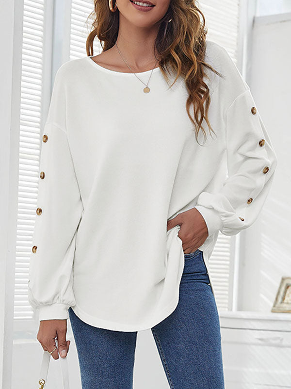 Simple Loose Long Sleeves Solid Color Round-Neck T-Shirts Tops