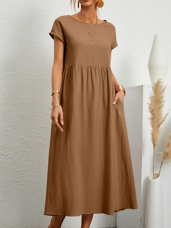 Loose Short Sleeves Pleated Solid Color Round-Neck Midi Dresses