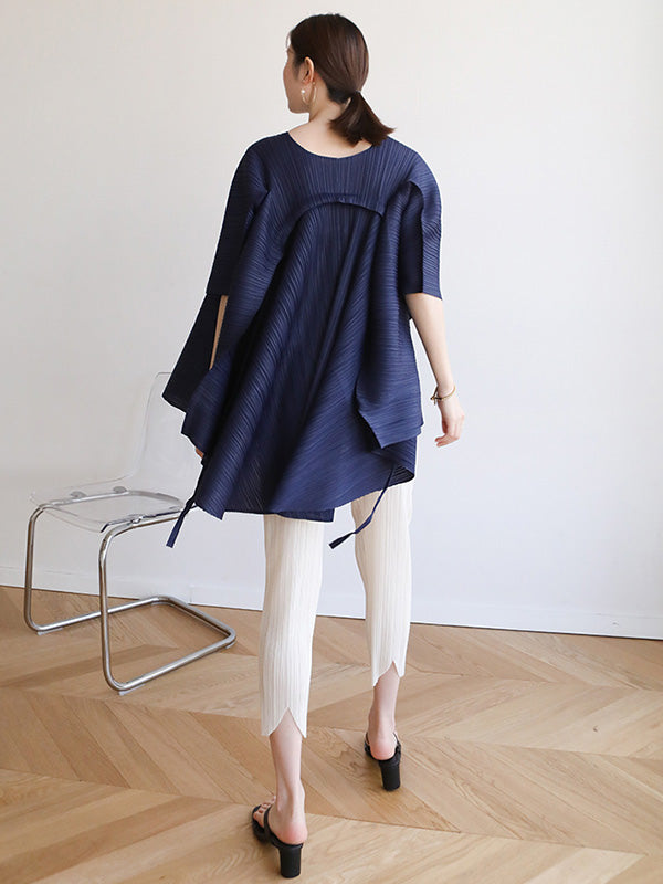 Simple Loose Long Sleeves Tied Pleated Solid Color Round-Neck T-Shirts Tops