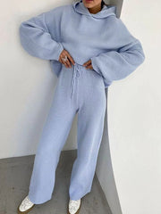 Loose Solid Color Round-Neck Hooded Long Sleeves Sweater Top + Drawstring Pants Bottom Two Pieces Set