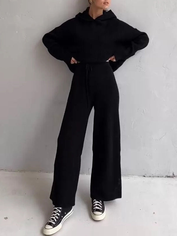 Loose Solid Color Round-Neck Hooded Long Sleeves Sweater Top + Drawstring Pants Bottom Two Pieces Set