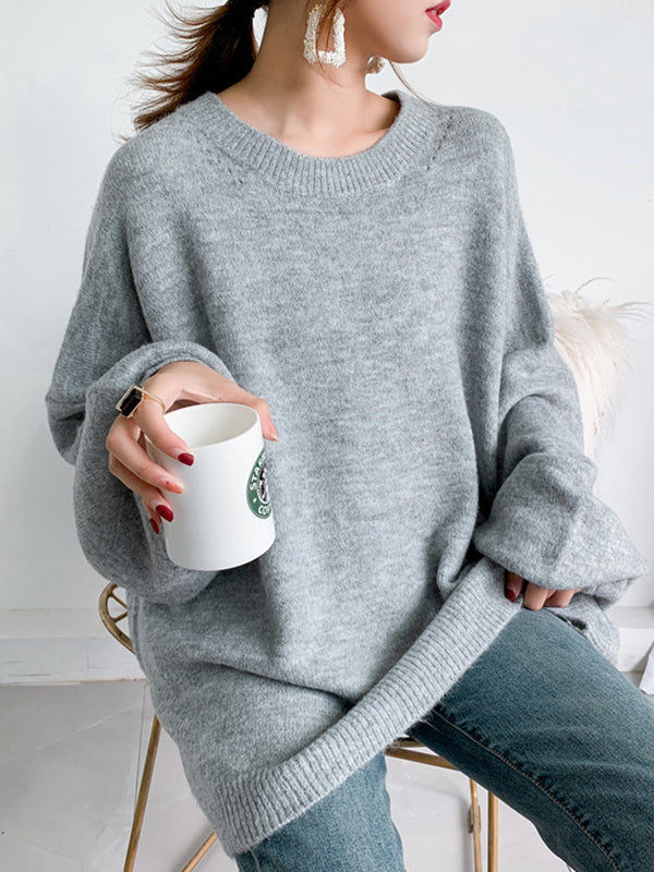 Stretch Mohair-Blend Balloon Sleeves Loose Solid Round-Neck Sweater Tops