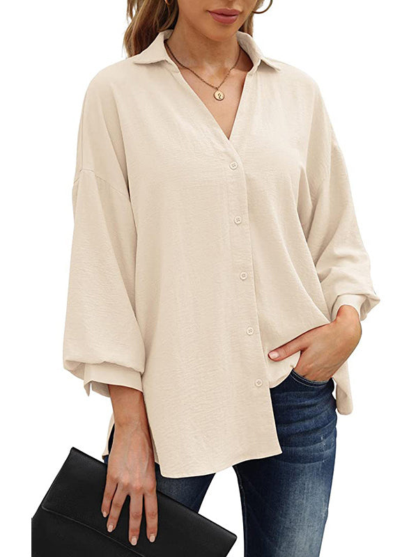 Loose Puff  Three-Quarter Sleeves Solid Color Lapel Blouses