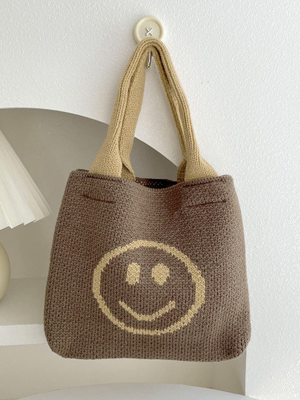 Smiley Face Pattern Woven Handbag