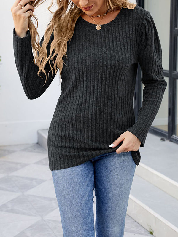 Long Sleeves Solid Color Round-Neck T-Shirts