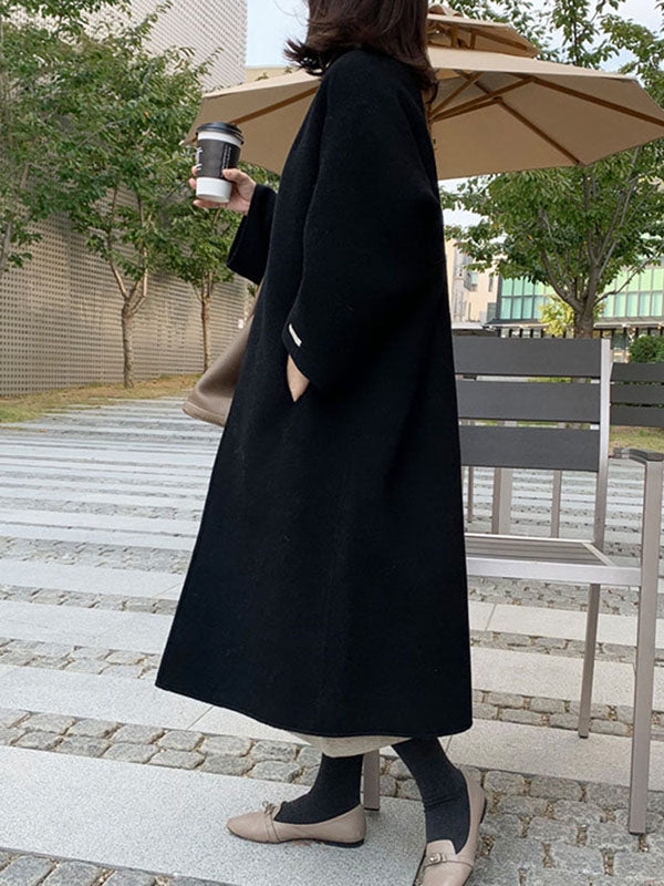 Long Sleeves Loose Solid Color Collarless Woolen Coat