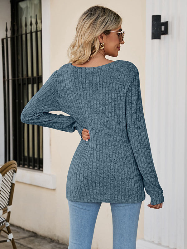 Casual Long Sleeves Skinny Solid Color Square-Neck Sweater Tops