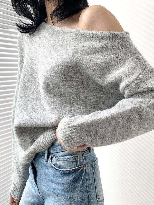 Casual Loose Long Sleeves Solid Color Off-The-Shoulder Sweater Tops