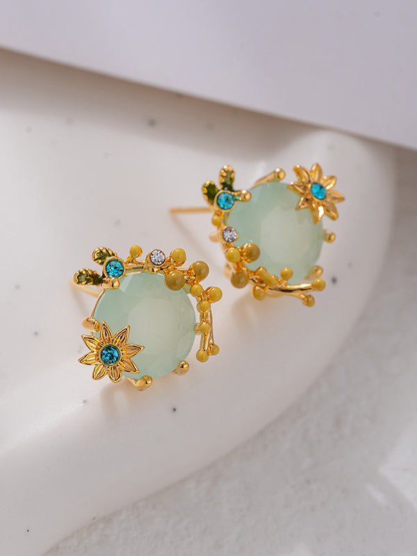 Flower Shape Rhine Stones Earrings Accessories