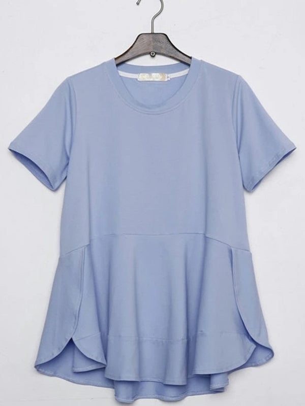 Casual Loose Split-Side Falbala Round-Neck T-Shirts Tops