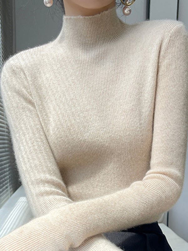 Casual Skinny Long Sleeves Solid Color Half Turtleneck Sweater Tops