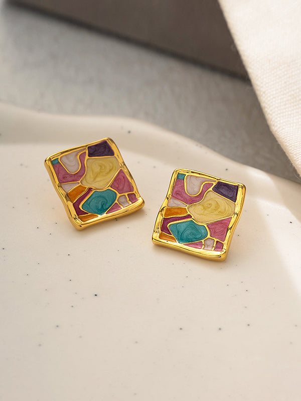 Multi-Colored Enamel Oil Painting Style Square Earrings