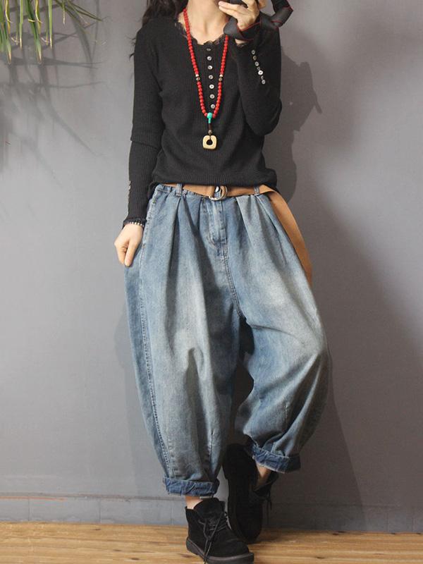 Vintage Denim Loose Elastic Waist Bloomers Pants