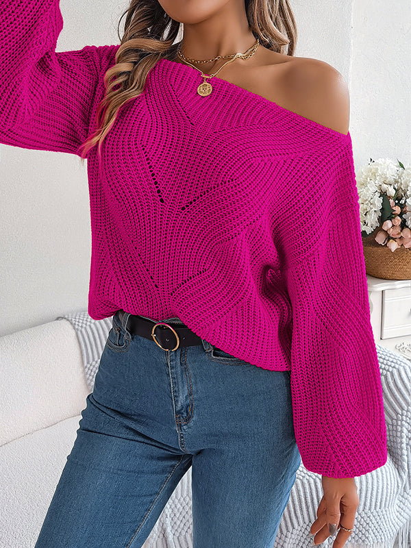 Loose Puff Sleeves Solid Color Split-Joint Round-Neck Sweater Tops