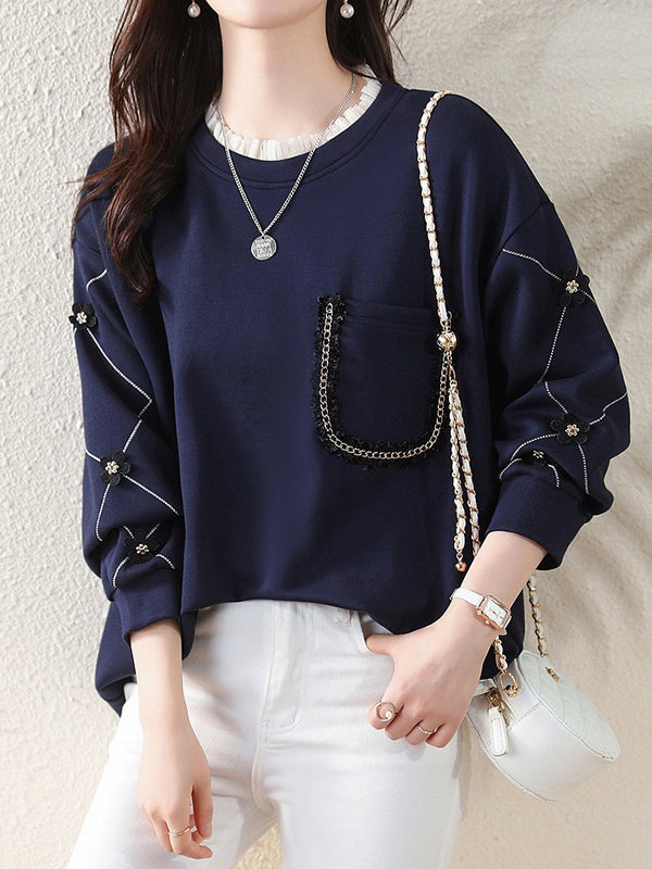 Long Sleeves Loose Chains Pockets Ruffled Split-Joint Three-Dimensional Flower Round-Neck T-Shirts Tops