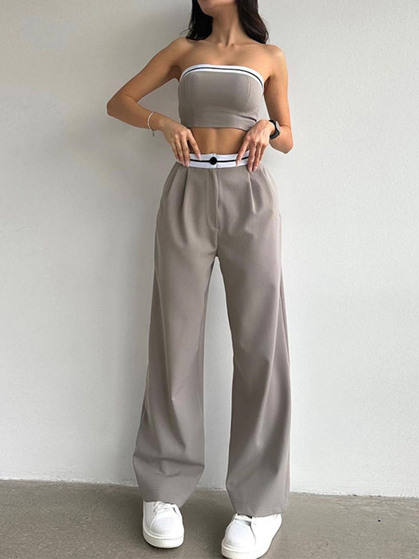 Sleeveless Contrast Color Tube Tube Top + High Waisted Pleated Buttoned Pants Bottom Two Pieces Set